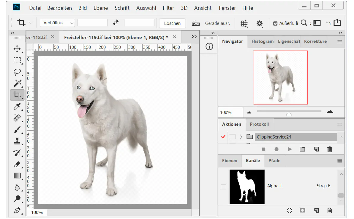 Bildhintergrund entfernen mit Alphakanal Softmasking Hund Hundefell